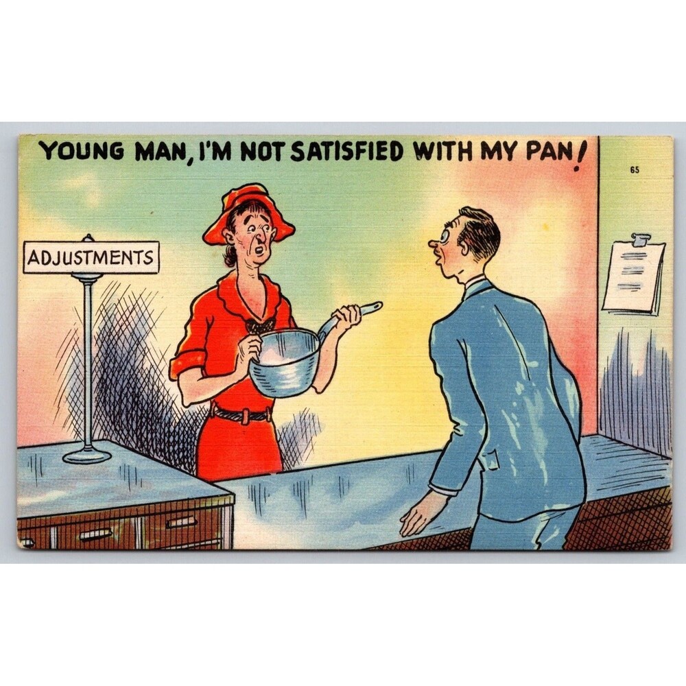 Vintage 1940s Humor Linen Postcard 'Not Satisfied With My Pan' Tichnor Bros